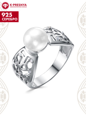 Кольцо серебро 925 пробы, покрытие - оксидирование, вставка - культивированный жемчуг, фианит (недрагоценный камень)