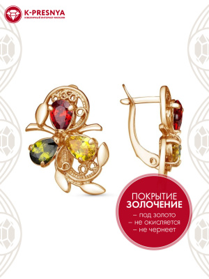 Серьги серебро 925 пробы, покрытие - золочение, вставка - фианит (недрагоценный камень)