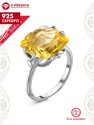 Кольцо серебро 925 пробы, покрытие - родирование, вставка - искусственный золотистый топаз