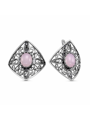 Серьги бижутерия, покрытие - серебрение с оксидированием, вставка - искусственный кварц розовый