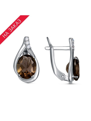 Серьги серебро 925 пробы, покрытие - родирование, вставка - дымчатый кварц, фианит (недрагоценный камень)