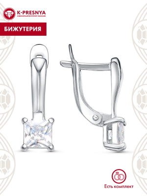 Серьги бижутерия, покрытие - платинирование, вставка - фианит (недрагоценный камень)