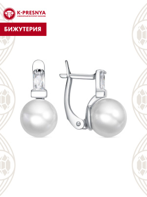 Серьги бижутерия, покрытие - платинирование, вставка - имитация жемчуга, фианит (недрагоценный камень)
