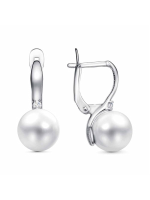 Серьги бижутерия, покрытие - платинирование, вставка - имитация жемчуга, фианит (недрагоценный камень)