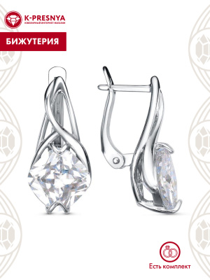 Серьги бижутерия, покрытие - платинирование, вставка - фианит (недрагоценный камень)
