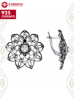 Серьги серебро 925 пробы, покрытие - оксидирование, вставка - фианит (недрагоценный камень)