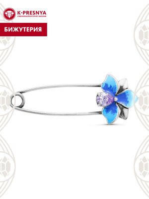 Брошь бижутерия, покрытие - серебрение с оксидированием, отделка - эмаль, вставка - фианит (недрагоценный камень)