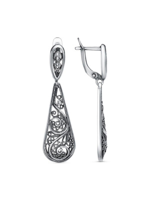 Серьги бижутерия, покрытие - серебрение с оксидированием, без вставок