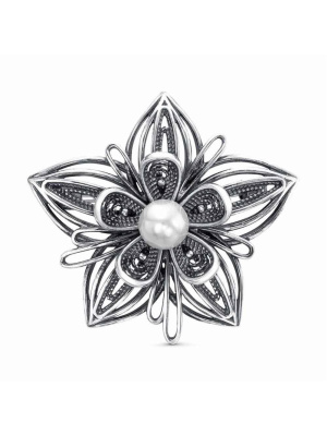 Брошь серебро 925 пробы, покрытие - оксидирование, вставка - имитация жемчуга