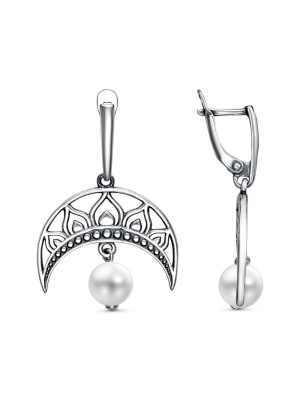 Серьги бижутерия, покрытие - серебрение с оксидированием, вставка - имитация жемчуга