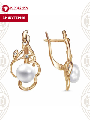 Серьги бижутерия, покрытие - золочение, вставка - культивированный жемчуг, стекло ювелирное preciosa