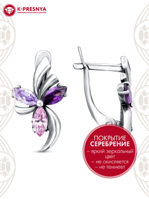 Серьги бижутерия, покрытие - серебрение с оксидированием, вставка - фианит (недрагоценный камень)