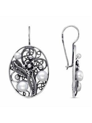 Серьги серебро 925 пробы, покрытие - оксидирование, вставка - культивированный жемчуг