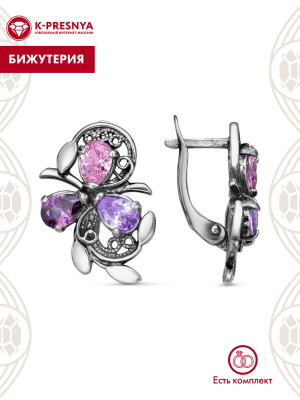 Серьги бижутерия, покрытие - серебрение с оксидированием, вставка - фианит (недрагоценный камень)