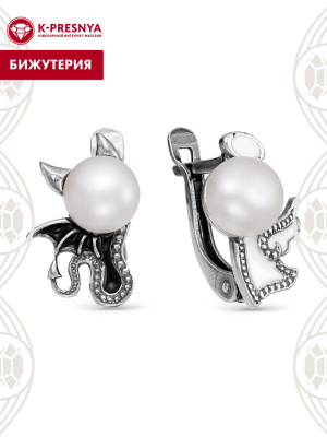 Серьги бижутерия, покрытие - серебрение с оксидированием, отделка - эмаль, вставка - культивированный жемчуг