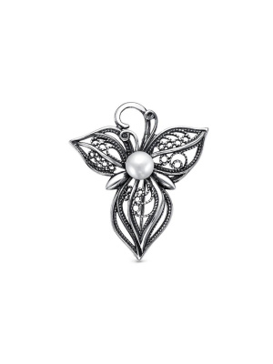 Брошь бижутерия, покрытие - серебрение с оксидированием, вставка - культивированный жемчуг