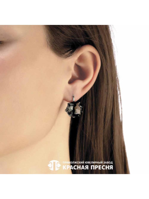 Серьги серебро 925 пробы, покрытие - родирование, вставка - искусственный дымчатый кварц