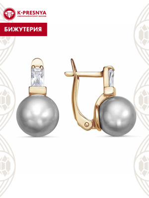 Серьги бижутерия, покрытие - золочение, вставка - имитация жемчуга, фианит (недрагоценный камень)