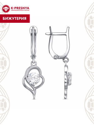 Серьги бижутерия, покрытие - платинирование, вставка - фианит (недрагоценный камень)