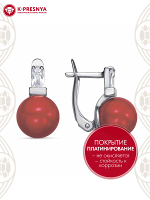 Серьги бижутерия, покрытие - платинирование, вставка - имитация жемчуга, фианит (недрагоценный камень)