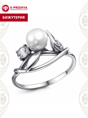 Кольцо бижутерия, покрытие - серебрение с оксидированием, вставка - культивированный жемчуг, фианит (недрагоценный камень)