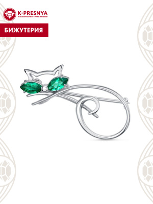 Брошь бижутерия, покрытие - платинирование, вставка - искусственная шпинель