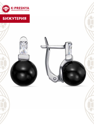 Серьги бижутерия, покрытие - платинирование, вставка - имитация жемчуга, фианит (недрагоценный камень)