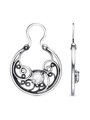 Серьги бижутерия, покрытие - серебрение с оксидированием, вставка - фианит (недрагоценный камень)