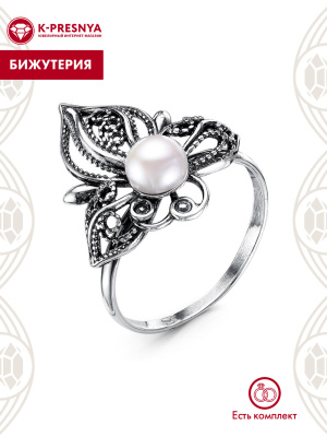 Кольцо бижутерия, покрытие - серебрение с оксидированием, вставка - культивированный жемчуг