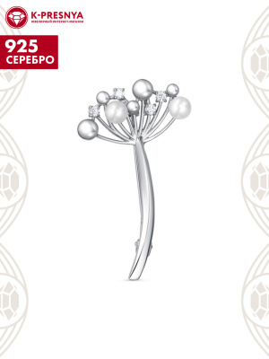 Брошь серебро 925 пробы, покрытие - платинирование, вставка - культивированный жемчуг, фианит (недрагоценный камень)
