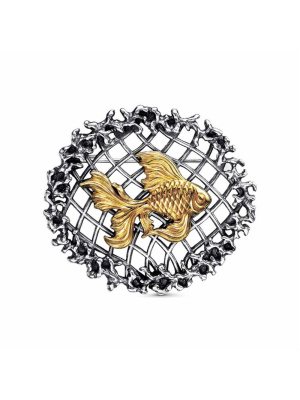 Брошь бижутерия, покрытие - серебрение с оксидированием, выборочное золочение, без вставок