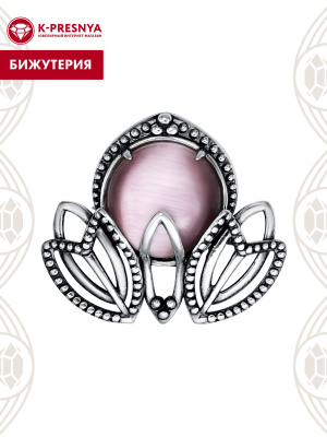Брошь бижутерия, покрытие - серебрение с оксидированием, вставка - искусственный кошачий глаз
