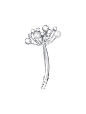 Брошь серебро 925 пробы, покрытие - платинирование, вставка - культивированный жемчуг, фианит (недрагоценный камень)