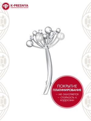 Брошь серебро 925 пробы, покрытие - платинирование, вставка - культивированный жемчуг, фианит (недрагоценный камень)