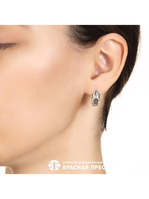 Серьги серебро 925 пробы, покрытие - родирование, вставка - дымчатый кварц, фианит (недрагоценный камень)