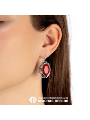 Серьги серебро 925 пробы, покрытие - оксидирование, вставка - искусственный коралл