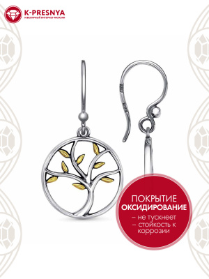 Серьги серебро 925 пробы, покрытие - оксидирование, выборочное золочение, без вставок