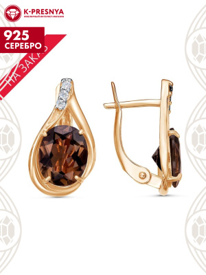 Серьги серебро 925 пробы, покрытие - золочение, выборочное родирование, вставка - дымчатый кварц, фианит (недрагоценный камень)