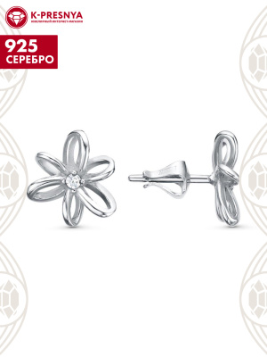 Серьги серебро 925 пробы, покрытие - платинирование, вставка - фианит (недрагоценный камень)