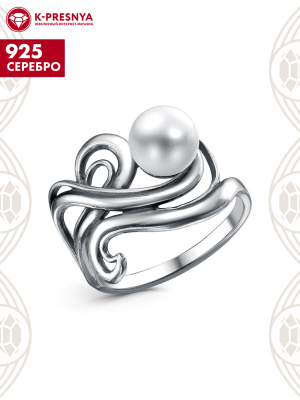 Кольцо серебро 925 пробы, покрытие - оксидирование, вставка - культивированный жемчуг