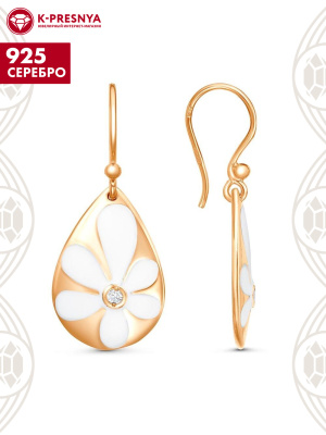 Серьги серебро 925 пробы, покрытие - золочение, отделка - эмаль, вставка - фианит (недрагоценный камень)