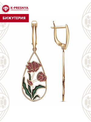 Серьги бижутерия, покрытие - золочение, отделка - эмаль, без вставок