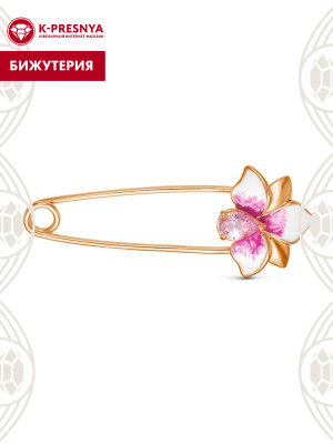 Брошь бижутерия, покрытие - золочение, отделка - эмаль, вставка - фианит (недрагоценный камень)